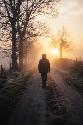 Solitary Walk Through Fog Toward Light