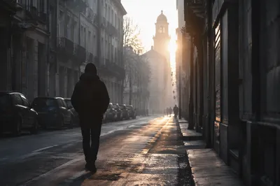 Lone Walker Entering Foggy Morning Light