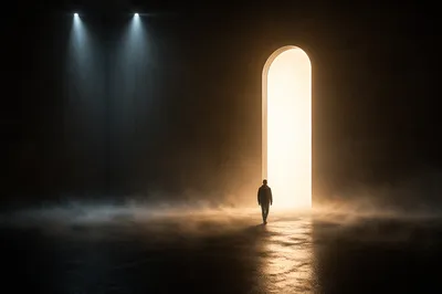 Silhouette Walking Toward Glowing Doorway