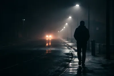 Lone Figure Walking Toward Light in Fog