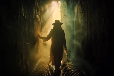 Lone Figure Walking Toward Golden Light