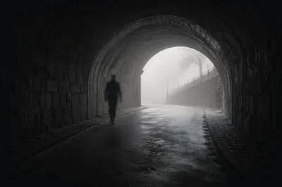 Solitary Walk Through Fog Toward Light