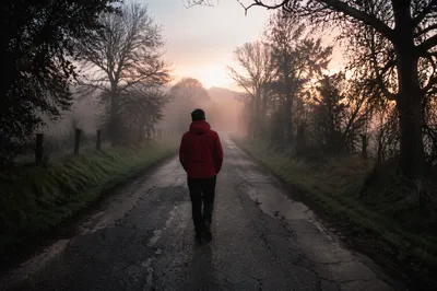 Walking Through Morning Fog Toward Light