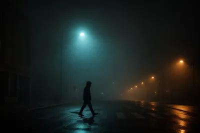 Lone Figure Walking Through Fog Toward Light