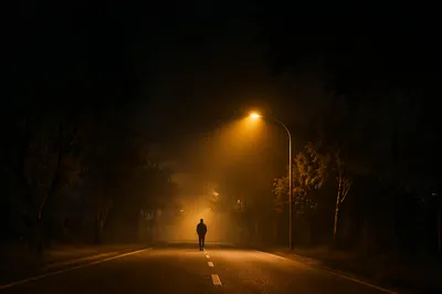 Lone Walker Toward Amber Fog Light
