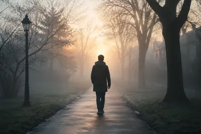 Solitary Walk Toward Morning Light
