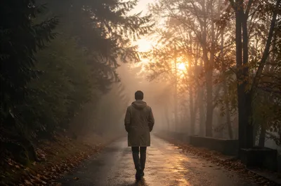 Walking Through Fog Toward Golden Light