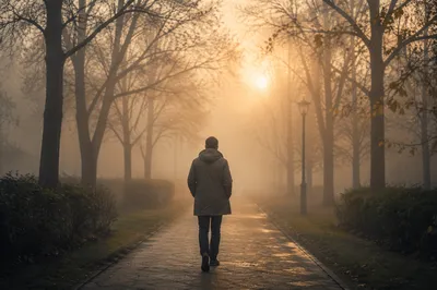 Person Walking Through Fog Toward Light