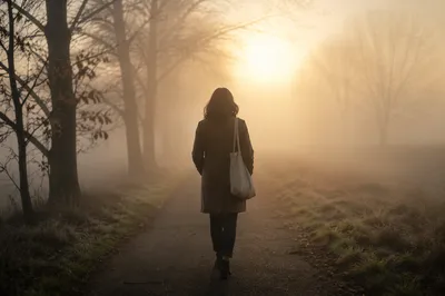 Lone Walker Moving Through Foggy Light