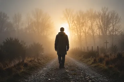 Silhouetted Journey Through Fog Toward Light