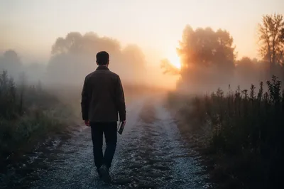 Walking Through Morning Fog Toward Golden Light