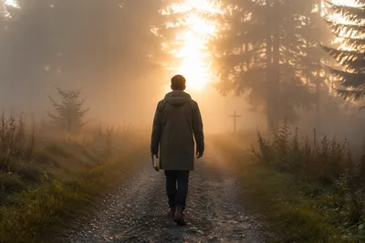 Solitary Walk Through Fog Toward Light
