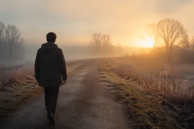 Solitary Walk Through Fog Toward Dawn Light