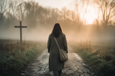 Solitary Figure Walking Toward Golden Morning Light
