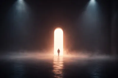 Person Walking Through Fog Toward Light