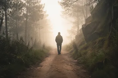 Solitary Walk Through Fog Toward Light