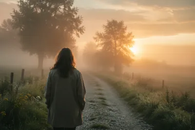 Solitary Walk Toward Morning Light