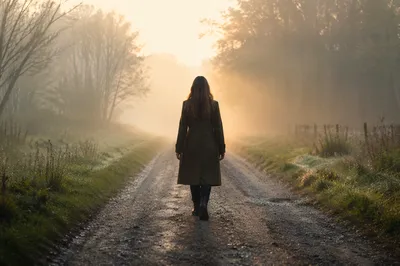 Solitary Walk Through Fog Toward Light