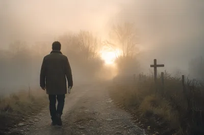 Walking Through Fog Toward Sunrise Light
