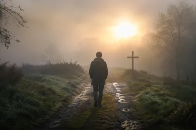 Walking Through Fog Toward Golden Light