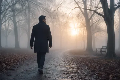 Man Walking Through Foggy Park Path