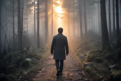Man Walking Through Foggy Forest Light