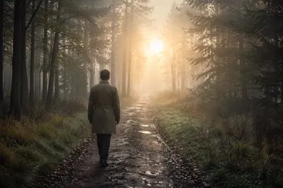 Solitary Figure Walking Through Foggy Forest