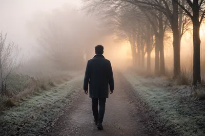 Man Walking Through Foggy Forest Path
