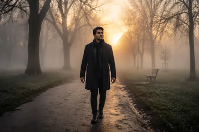 Man Walking Through Foggy Park Path