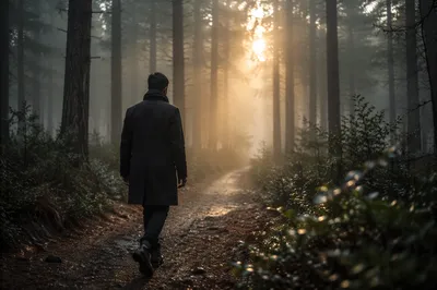 Man Walking Through Foggy Forest Light
