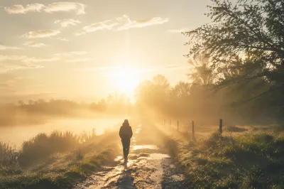 Lone Figure Walking Toward Sunrise Fog