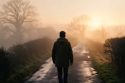 Walking Through Morning Fog Toward Light