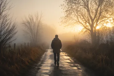 Walking Through Fog Toward Morning Light