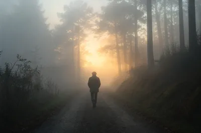 Walking Through Fog Toward Morning Light