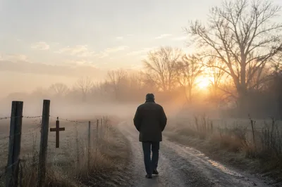 Walking Through Dawn Fog Toward Light