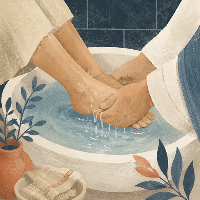 Humble Foot Washing in Soft Bathroom Light