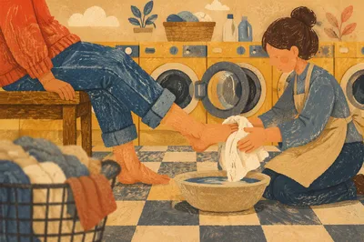 Caring Foot Washing in Laundromat