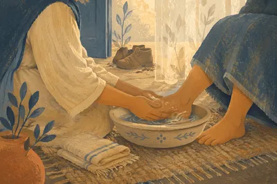 Humble Foot Washing in Rainlit Home