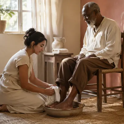 Woman Washing Elderly Man Feet Indoors