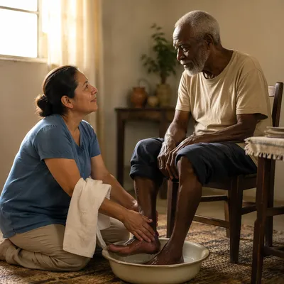 Woman Washing Elderly Man's Feet Indoors