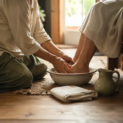 Humble Foot Washing in Warm Morning Light