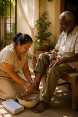 Woman Washing Elderly Man's Feet