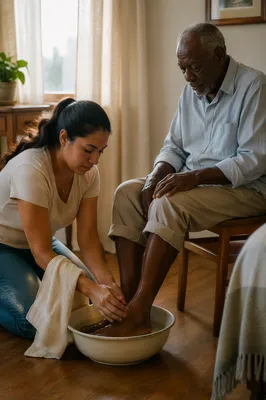 Woman Washing Elderly Man's Feet Indoors
