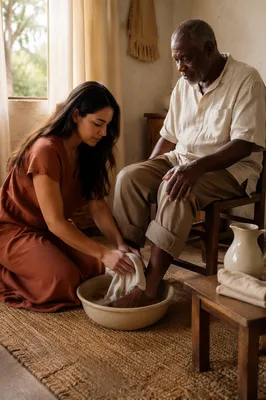 Woman Washing Elderly Man's Feet Indoors
