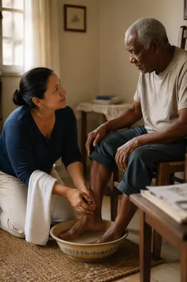Woman Washing Elderly Man Feet Indoors