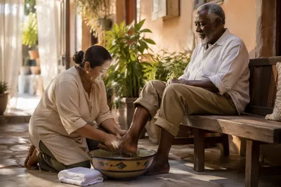 Woman Washing Elderly Man Feet Courtyard