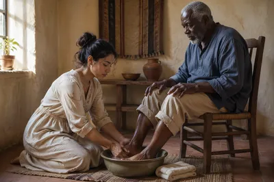 Woman Washing Elderly Man Feet Indoors