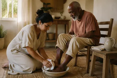 Young Woman Washing Elderly Man's Feet