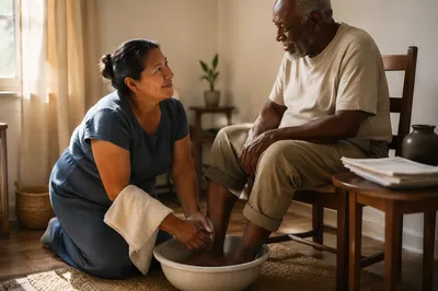 Woman Washing Elderly Mans Feet Indoors