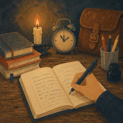 Candlelit Letter Writing on Vintage Desk
